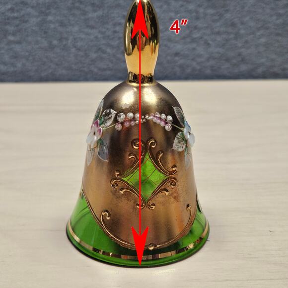 Czechoslovakian Hand Painted Bohemian Glass Bell Green Gold Enameled Flower READ - Picture 2 of 8
